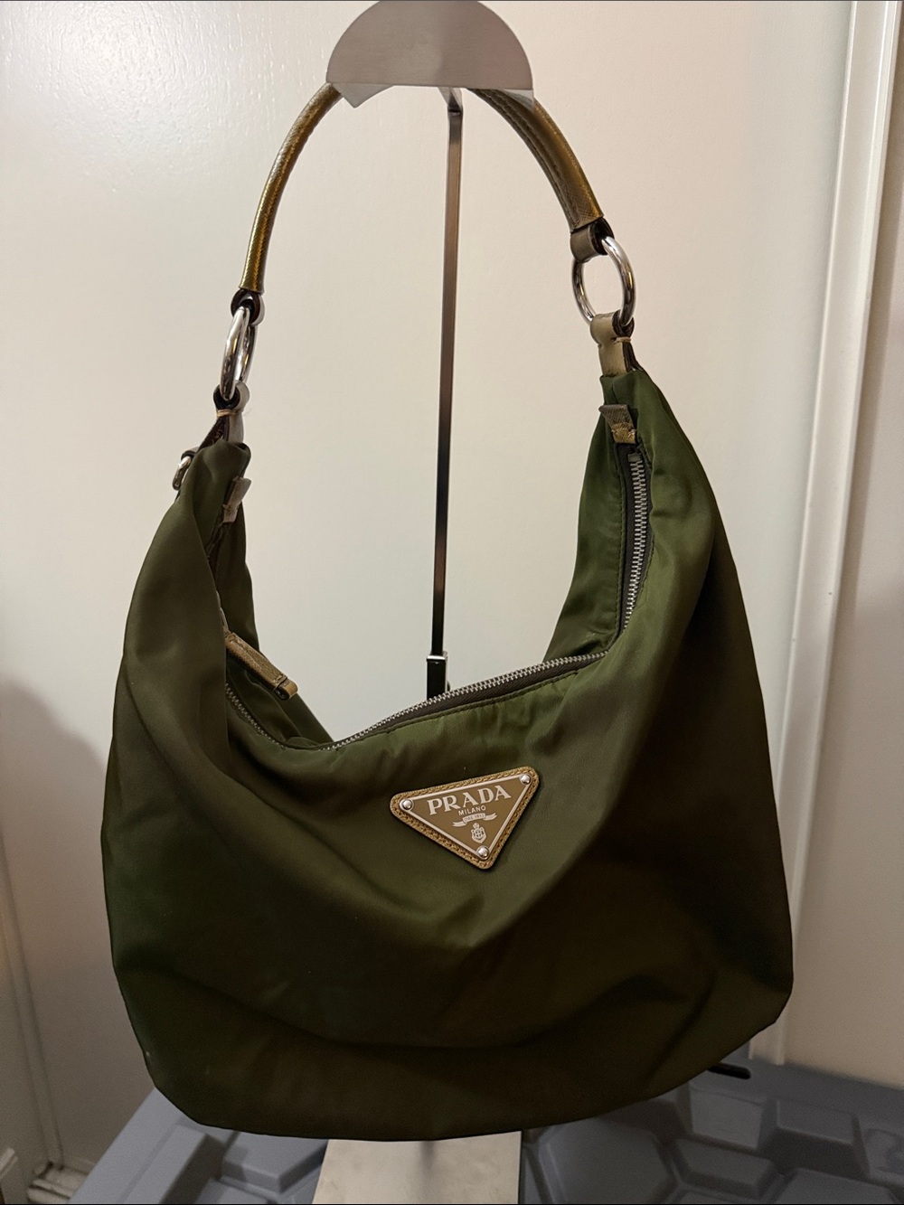 Prada Olive Green Nylon Shoulder Bag with Gold Hardware